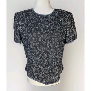 Vintage Papell Boutique Evening Women's Black Silk Beaded Formal Top - Size: L